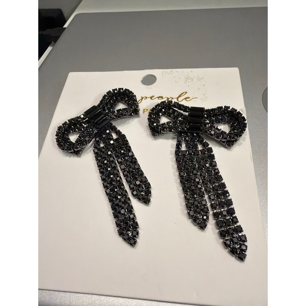 Free People Black Rhinestone Bow Drop Earrings Gunmetal Statement 80270598